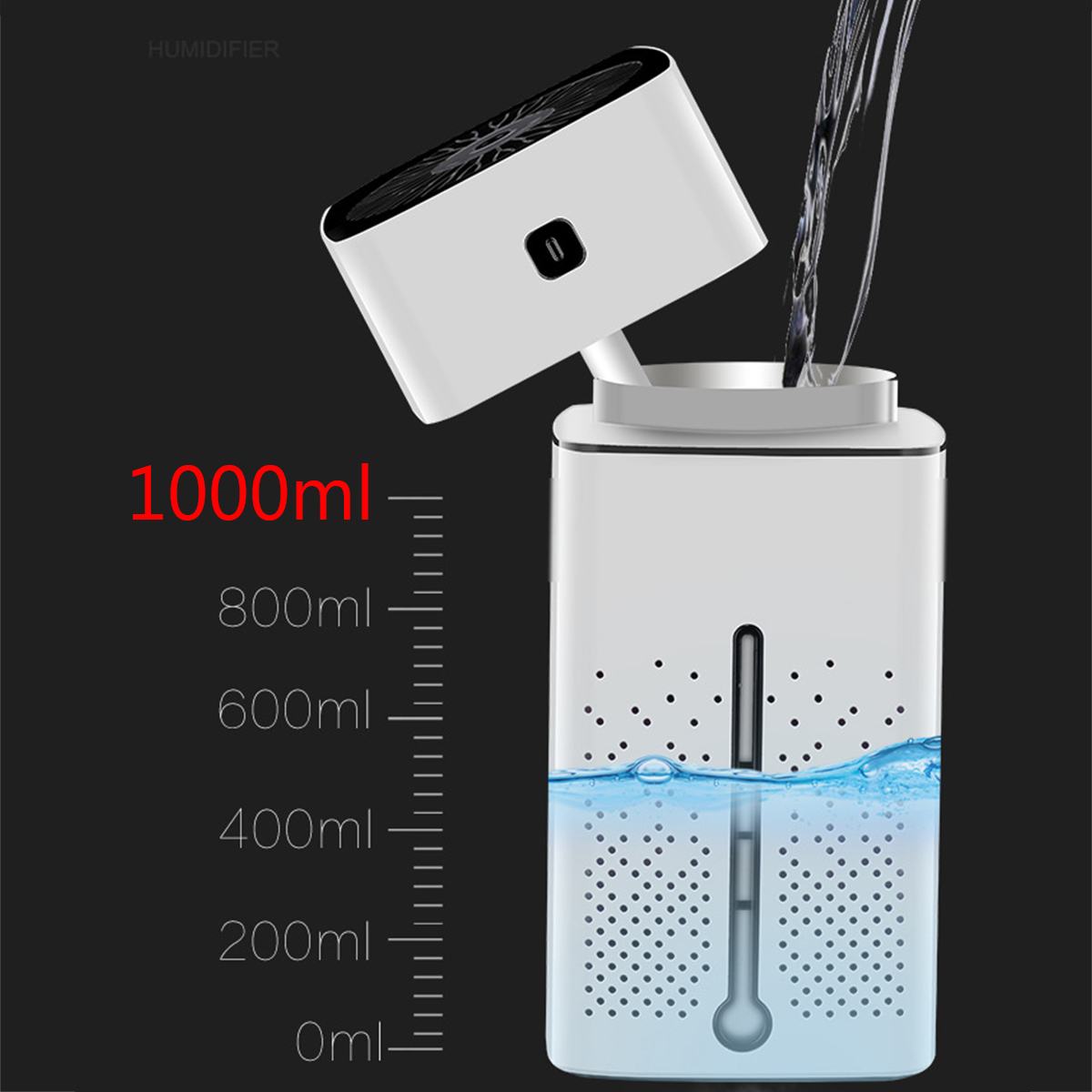 Humidifier with water tank capacity indicator showing 1000ml on a black background