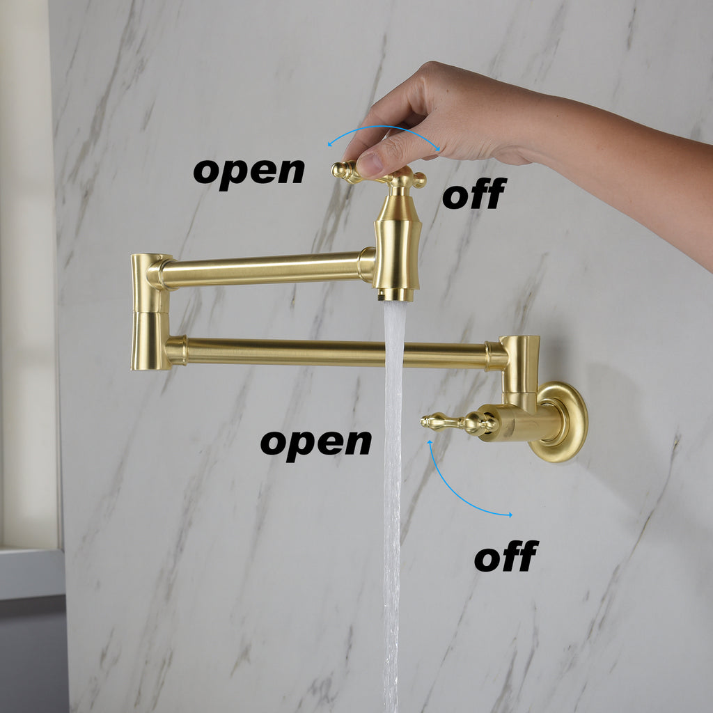 Gold kitchen faucet with labeled positions on a marble background