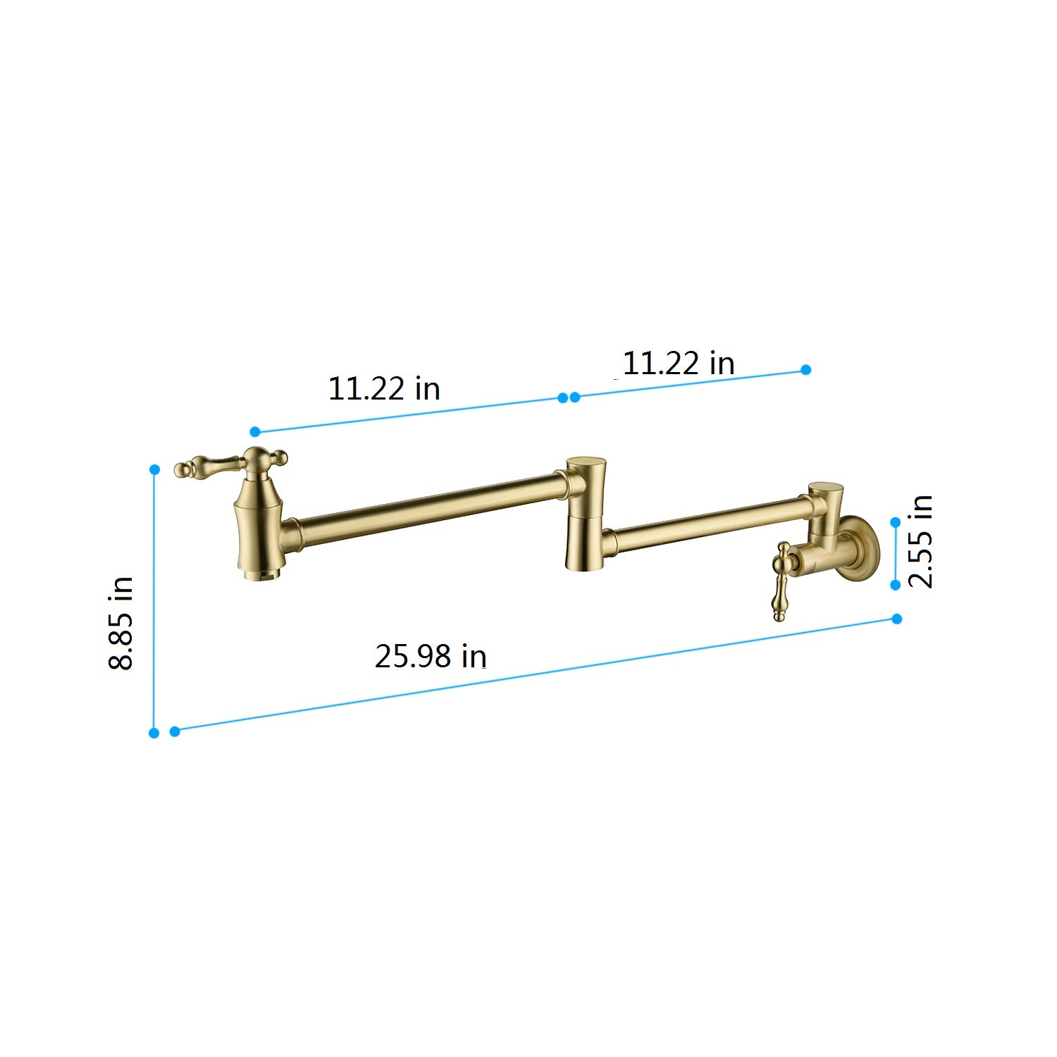 Gold kitchen faucet with dimensions labeled on a white background