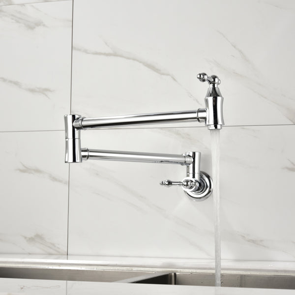Chrome wall-mounted kitchen faucet on a tiled wall
