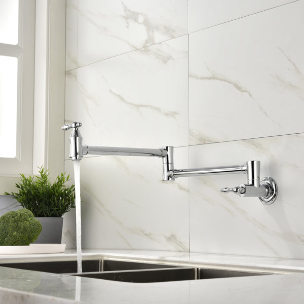 Chrome kitchen faucet mounted on a white tiled wall above a sink.