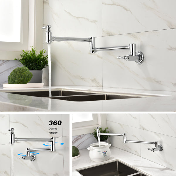 Chrome wall-mounted kitchen faucet with 360-degree rotation feature in a kitchen setting.