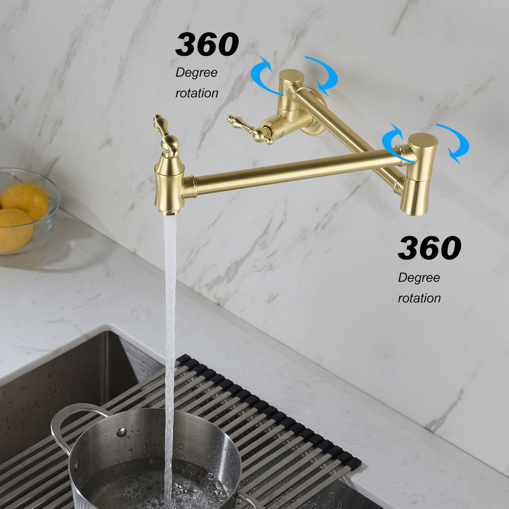 Gold kitchen faucet with 360-degree rotation feature in a kitchen setting.