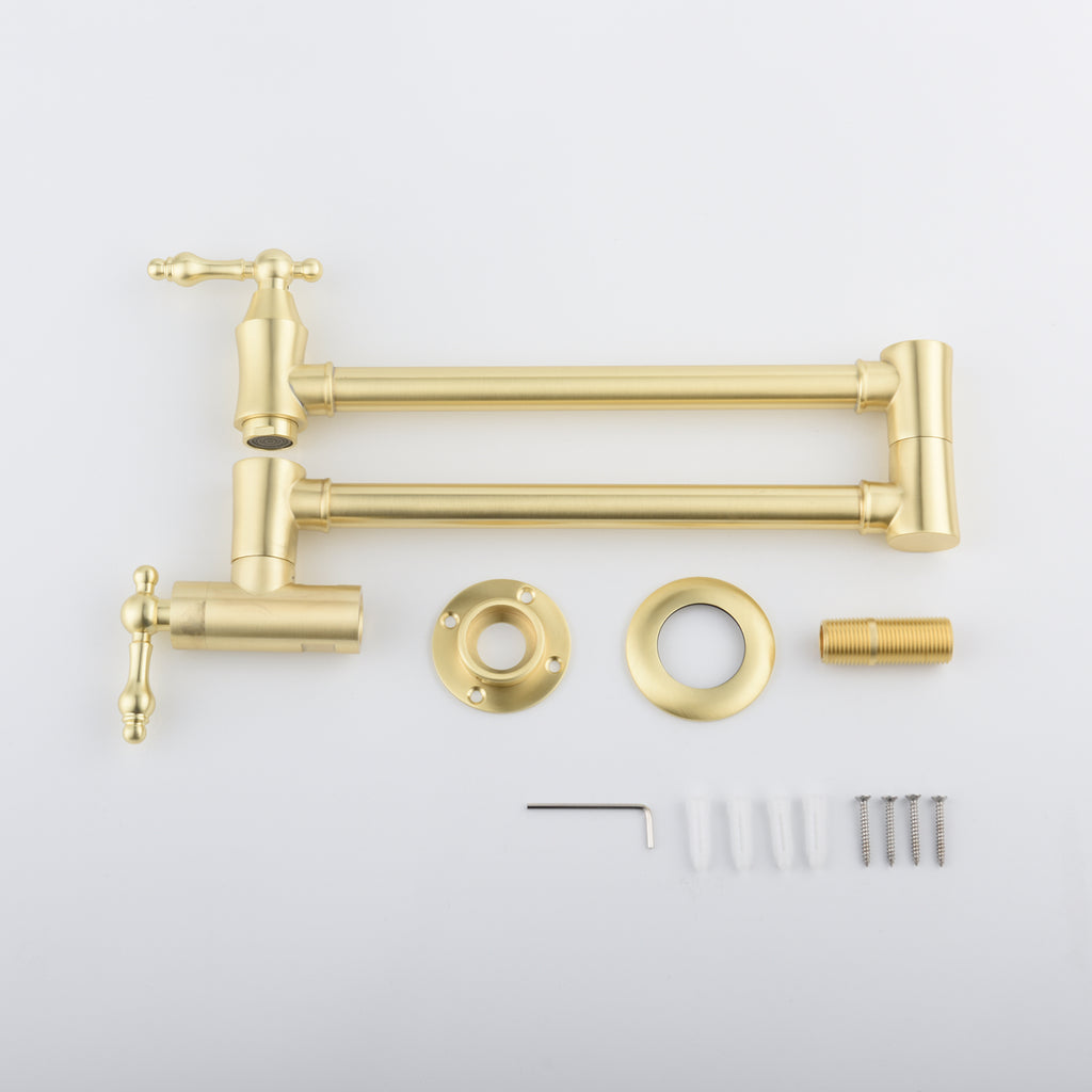 Gold faucet set with components on a white background