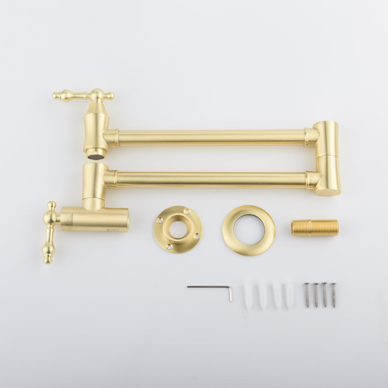 Gold faucet set with components on a white background
