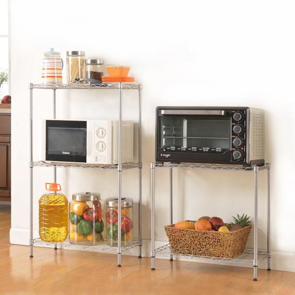 Metal kitchen shelves with appliances and food items on a wooden floor.