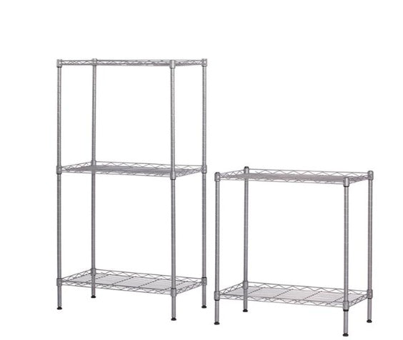 Two metal shelving units on a white background