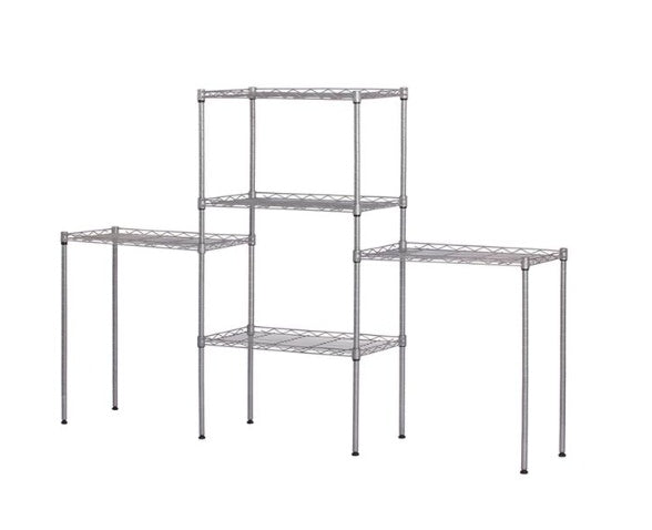 Metal shelving unit with three shelves on a white background