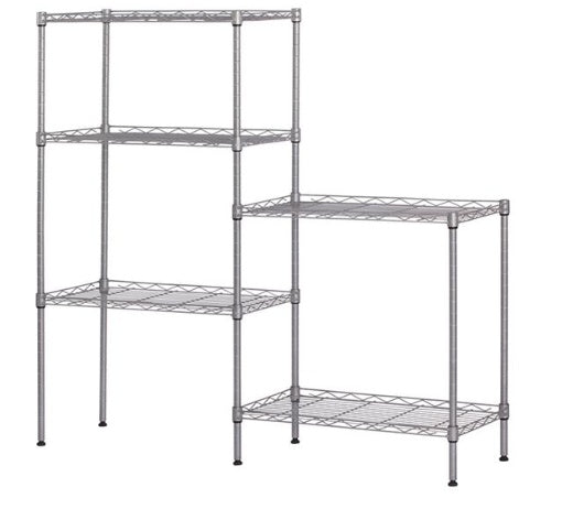 Metal shelving unit with four shelves on a white background